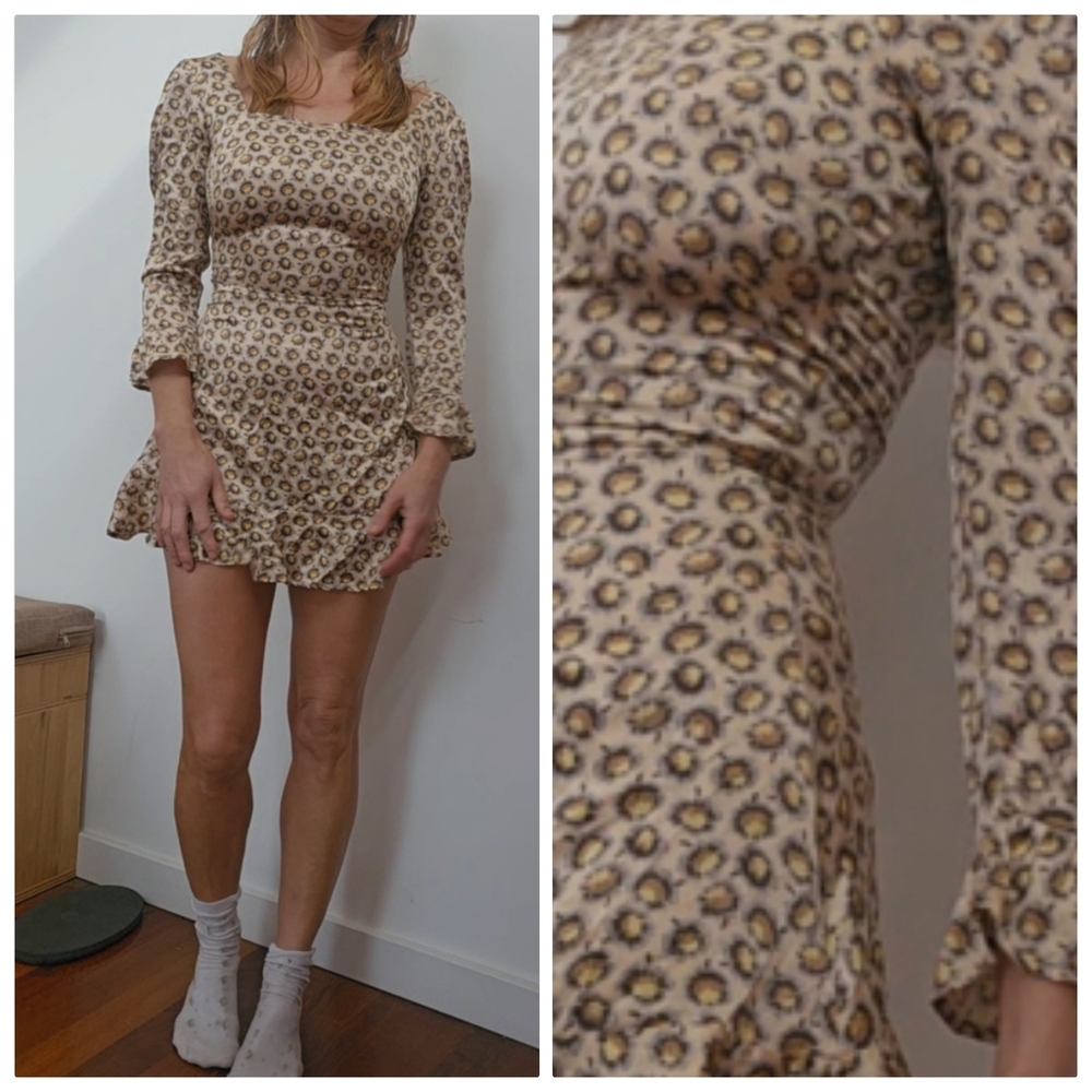 French Silk Floral Beige Print Mini Dress Xs